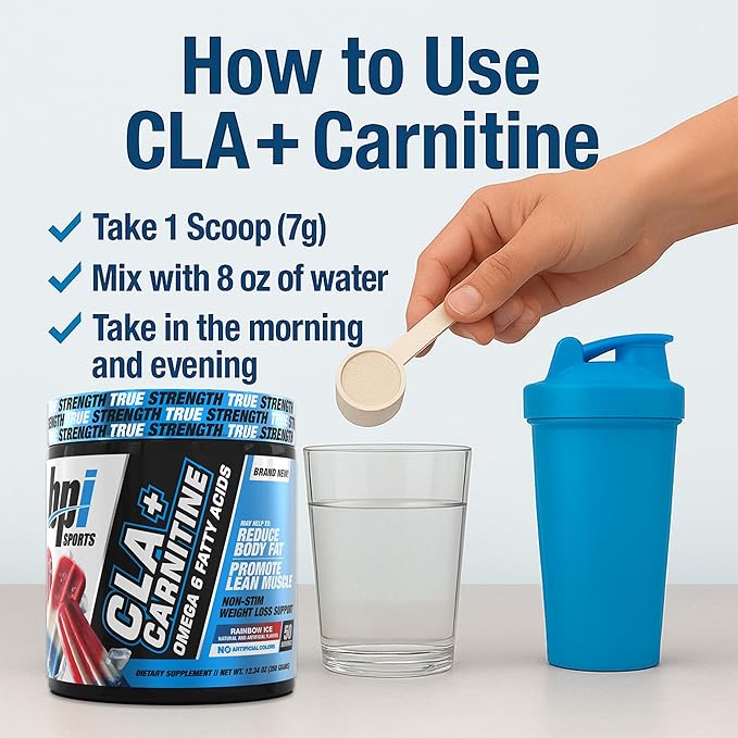 BPI Sports CLA+Carnitine – CLA L Carnitine &amp Linoleic Acid – L Carnitine Supplement for Weight Loss Metabolism &amp Lean Muscle – Caffeine Free – Rainbow Ice – 50 Servings – 12.34 oz