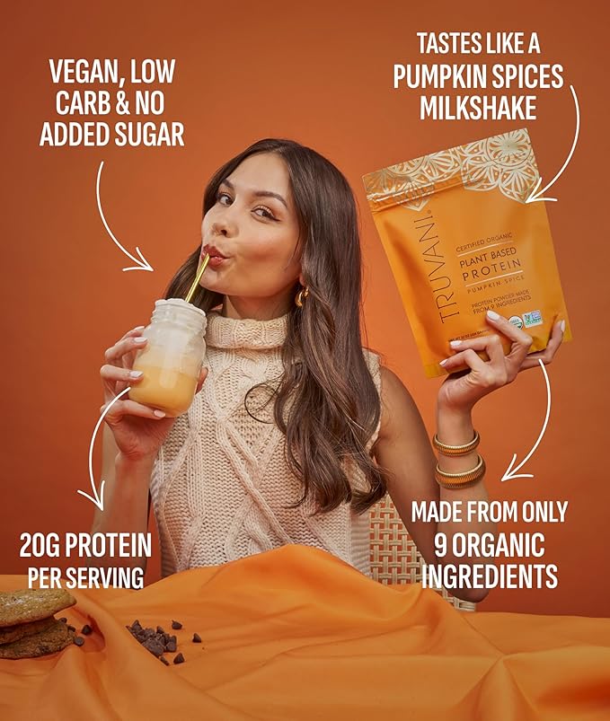 Truvani Vegan Pea Protein Powder | Pumpkin Spice | 20g Organic Plant Based Protein | 10 Travel Packets | Keto | Gluten &amp Dairy Free | Low Carb | No Added Sugar