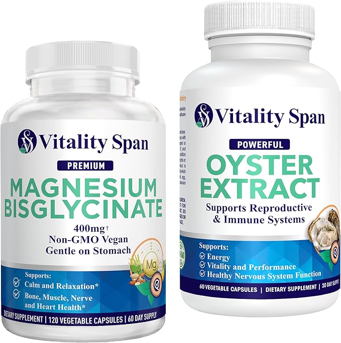Magnesium Glycinate 400mg (Albion Chelated) + Oyster Extract 1000mg Bundle – Calm &amp Relaxation Support + Zinc Mineral Support – 120 Veg Capsules + 60 Veg Capsules Made in USA