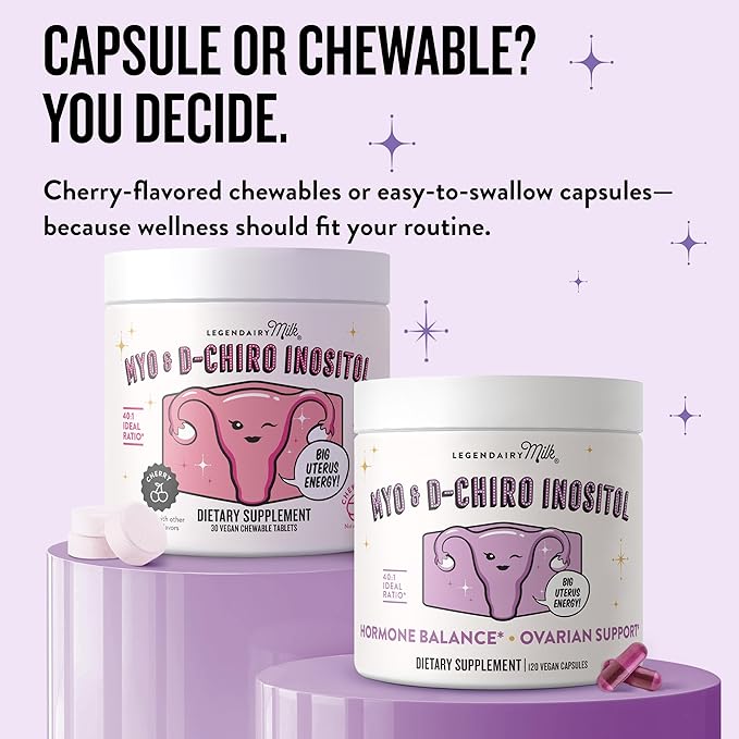 Legendairy Milk Pure Myo-Inositol &amp D-Chiro Inositol PCOS Supplements Inositol Supplement for Women Hormone Balance 40:1 Ratio Ovarian Support Fertility Supplement | 2000mg 120 Vegan Capsules