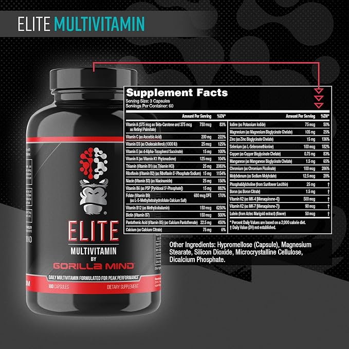 Gorilla Mind Elite Multi-Vitamin (180 Capsules) – Daily Multivitamin Formulated for Peak Performance | 27 Nutrients to Backfill Micronutrient Shortcomings