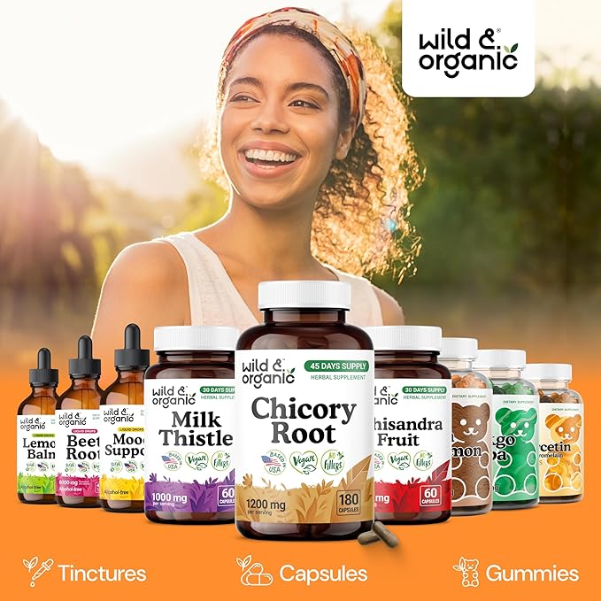 Wild &amp Organic Chicory Root Fiber Capsules - 1200 mg of Chicory Root Powder per Serving - Digestive &amp Gut Support - Inulin Prebiotic Fiber Supplement - Non-GMO Vegan Inulin Capsules - 180 Cou