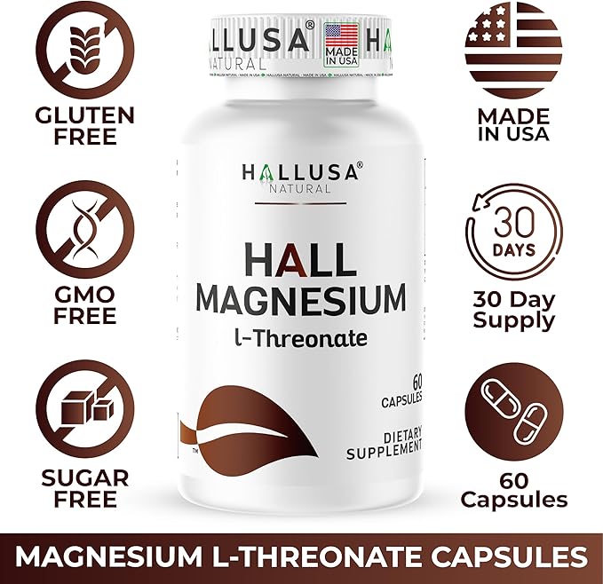Hallusa Natural Magnesium L-Threonate Capsules 2000mg Cognitive Support Supplement for Brain Health &amp Memory Mental Clarity Focus &amp Sleep Aid Non-GMO Gluten-Free 60 Count