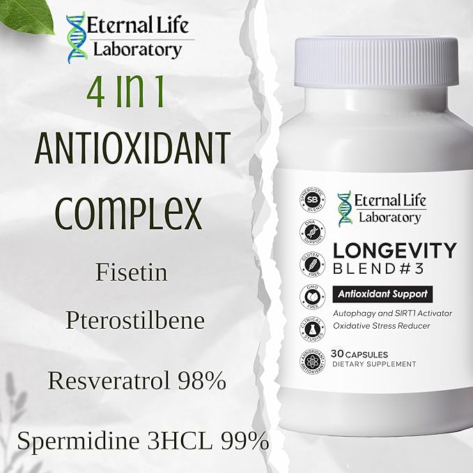 Longevity Blend #3 - Resveratrol 98% with Fisetin Pterostilbene Spermidine Anti Aging Oxidative Stress Reducer Antioxidant Supplement AMPK Activator