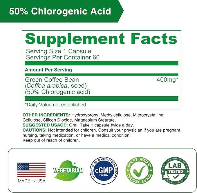 LOVITA Green Coffee Bean Extract Standardized to 50% Chlorogenic Acids 4:1 Concentrated for Metabolism Natural Antioxidant &amp Size-Reduction Support Plant-Based 180 Vegan Capsules