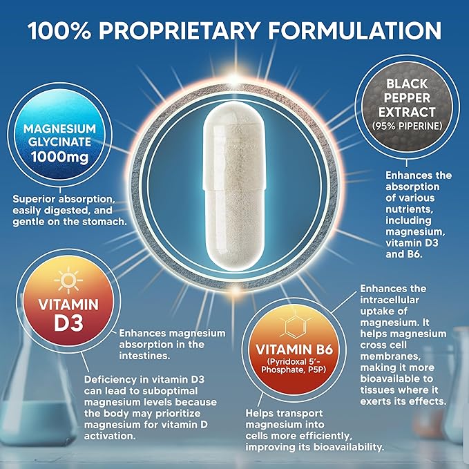 Magnesium Glycinate 1000mg with Vitamin D3 &amp B6-500mg per Capsule - Pure Elemental Mag Supplement Complex for Sleep Muscle Bone Health - Replace Gummies Tablets &amp Powder - 120 Capsules