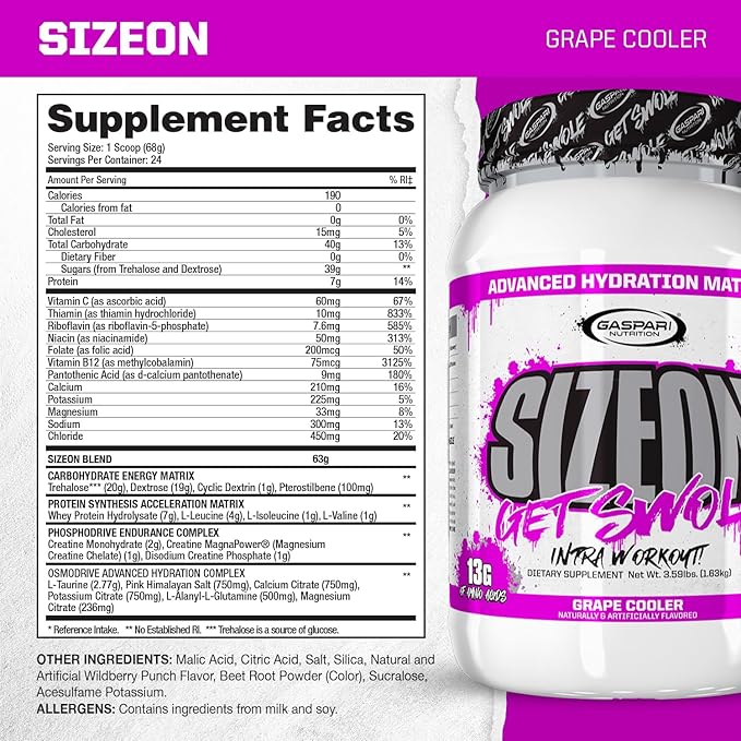 Gaspari Nutrition SizeOn The Ultimate Hybrid Intra-Workout Amino Acid &amp Creatine Formula Increased Muscle Volume &amp Muscle Recovery (Grape Cooler)