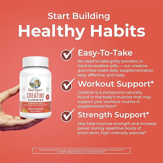 MaryRuth's Creatine Gummies | Creatine Monohydrate Gummies | 3g Creatine Per Serving | Creatine for Women &amp Men | Tangerine Citrus Flavor | Exercise | Workout | Sugar Free | Vegan | 90 Count