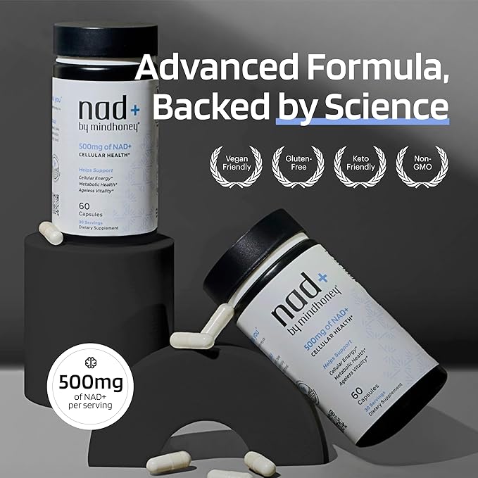 MINDHONEY | NAD+ Brain Supplement | 500mg NAD+ Premium Formula | Healthy Anti-Aging Cellular Energy Cognition Metabolic Health Heart + Muscle Support | Vegan Non-GMO Gluten-Free | 30 Servings