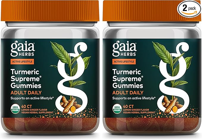 Gaia Herbs Turmeric Supreme Adult Daily Gummies-Daily Swelling Support for Healthy Active Life-USDA Certified Organic Blend of Turmeric and Supportive Herbs-40 Gummies(20-Day Supply) (Pack of 2)