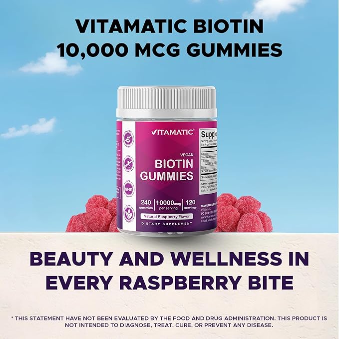 Vitamatic Biotin Gummies 10000 mcg for Stronger Hair Skin &amp Nails - 240 Vegan Gummies - Also Called Vitamin B7