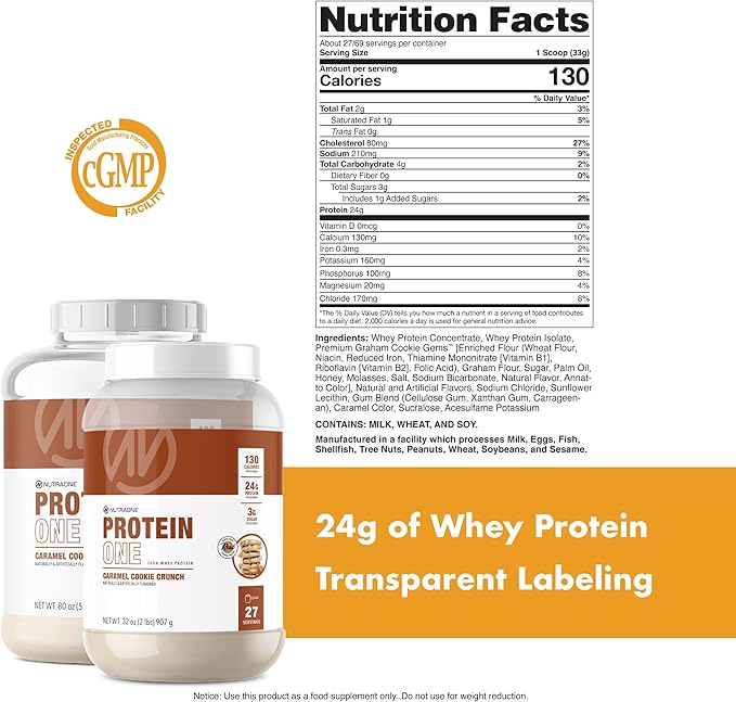 NutraOne ProteinOne Whey Protein Promote Recovery and Build Muscle with a Protein Shake Powder for Men &amp Women (Caramel Cookie Crunch 2 LB)