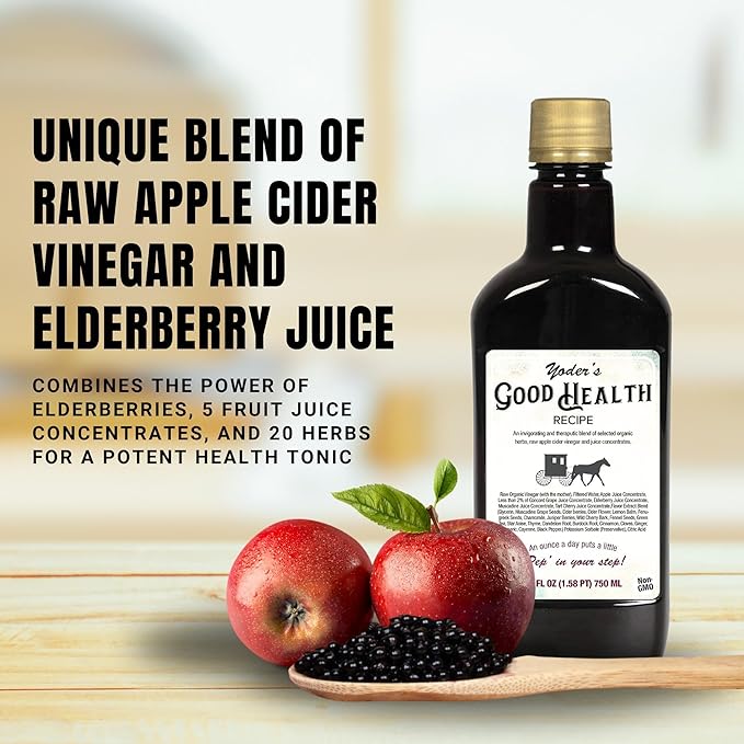 Yoder’s Good Health Recipe Apple Cider Vinegar Liquid Complex 25 oz Amish Harvest Herbal Tonic with Elderberry Juice Organic Wildcrafted Herbs Raw Detoxifying Antioxidants (2)