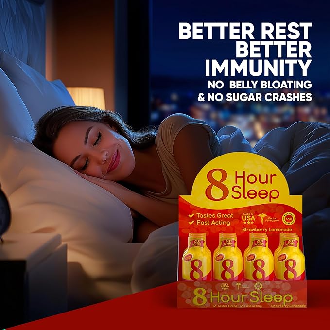Vitamin Energy 8 Hour Sleep Shot Strawberry Lemonade 12 Pack Melatonin 5-HTP GABA Valerian Lavender Nighttime Relaxation &amp Sleep Support Supplement Zero Sugar Vegan Gluten-Free Kosher 1