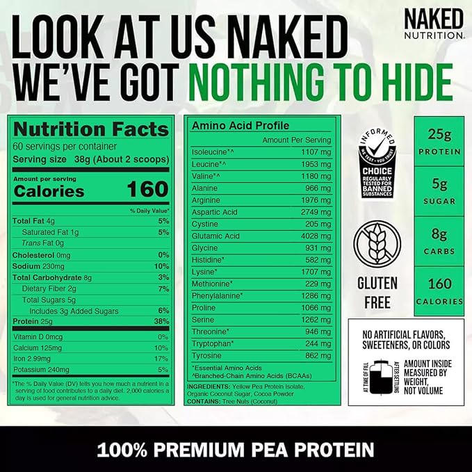 NAKED Chocolate Pea Protein Isolate 5LB Bulk Pure Micronized Creatine Monohydrate 500g (100 Servings) – Plant-Based Vegan Non-GMO Gluten Free Soy Free Lactose Free