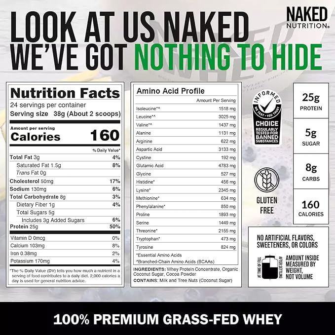 NAKED Whey Chocolate Protein Powder - Only 3 Ingredients - Grass Fed Whey Protein Powder Organic Chocolate and Organic Coconut Sugar NSF Certified No GMO No Soy and Gluten Free - 24 Servings