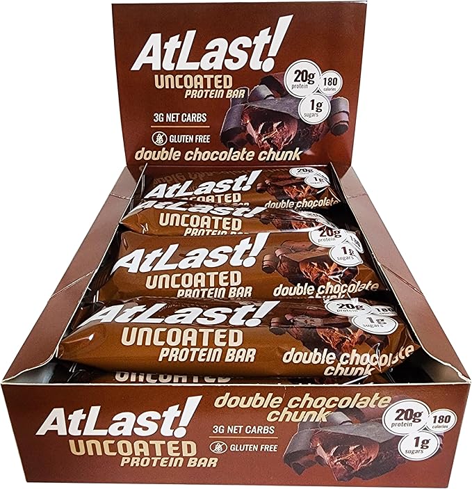 AtLast! Nutrition Double Chocolate Chunk Protein Bars – Low Carb Keto-Friendly High Protein Gluten-Free Low Sugar Snack – 20g Protein Only 3g Net Carbs – Box of 12