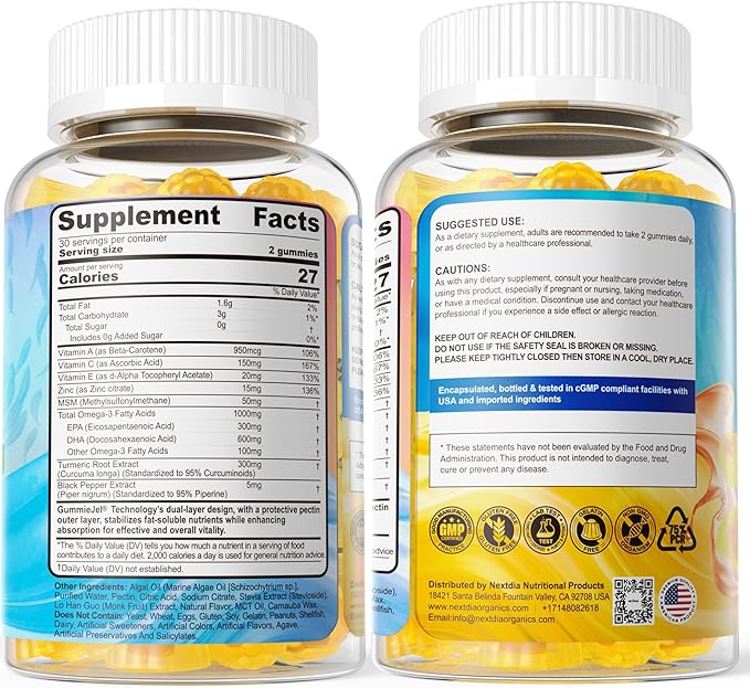 Vegan Omega-3 Gummies 1000mg + Turmeric - Omega 3 Fish Oil Alternative for Adults - Algae DHA 600mg &amp EPA 300mg Vitamins A C E Zinc &amp MSM Sugar Free 60 Cts