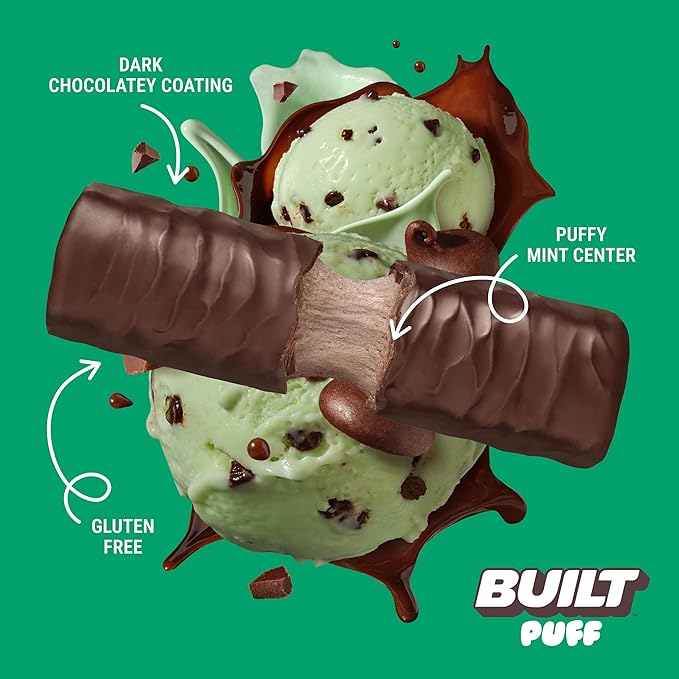 BUILT Bar Puff Protein Bars - Mint Chip - 17g Protein Snack Bars with Collagen - Calorie Conscious &amp Gluten Free - 12 Count