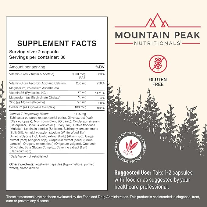 Mountain Peak Nutritionals Immuni-T Advanced Immune Support Supplement - 4-in-1 Formula with Vitamin C A Zinc &amp Mushroom Blend - Daily Wellness &amp Seasonal Defense (60 Vegetarian Capsules)