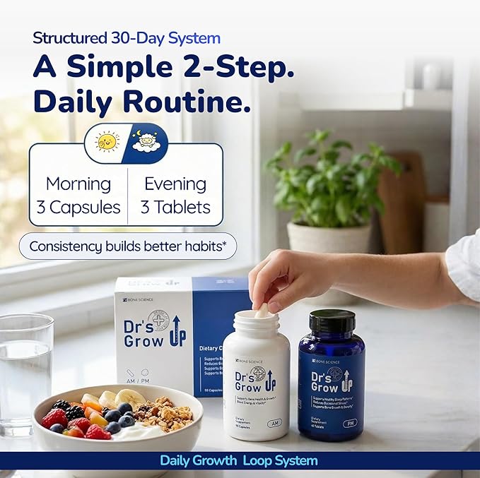 BONE SCIENCE Dr’s Grow UP AM &amp PM Bone and Growth for Kids and Teens Day and Night System Daily Formula with Highly Absorbable Essential Minerals Vitamin D3 and K2 (MK-7)