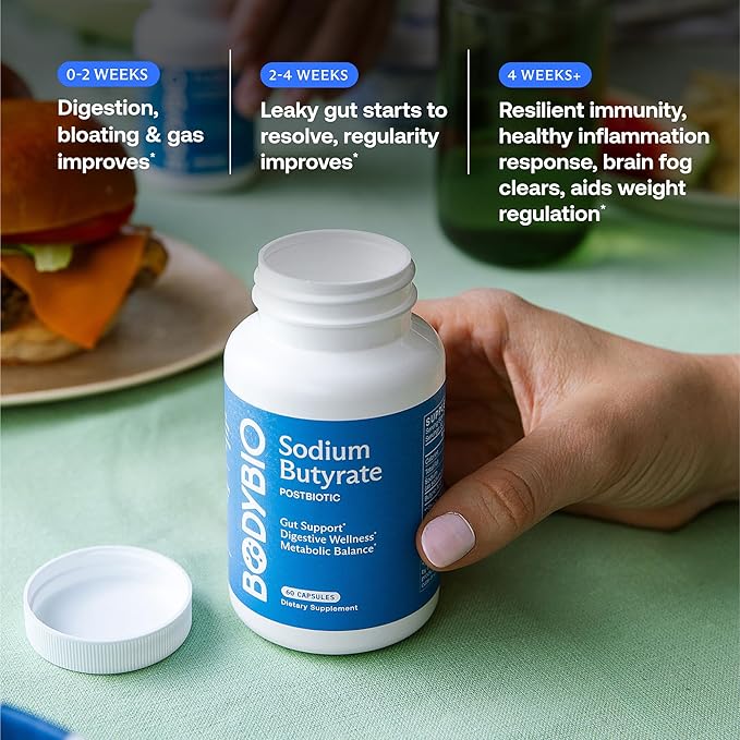 BodyBio Butyrate - Postbiotic for Gut Health Digestive Support Bloat Gas &amp Constipation Relief Leaky Gut Repair - Sodium + Butyric Acid Supplement for GI Wellness