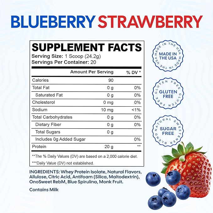 Clear Protein Protein Water Blueberry Strawberry 20 Servings 20G Protein 100% Grass Fed Whey Protein Isolate 90 Calories Fitness Drink Supplement Nutrition