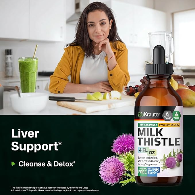 BIO KRAUTER® Milk Thistle Supplement - Liquid Pure Vegan Milk Thistle Extract 680 mg per Serving 4 Fl.Oz 56 Days of Supply - Liver Cleanse &amp Detox Сontains Silymarin - Alcohol &amp Sugar Free