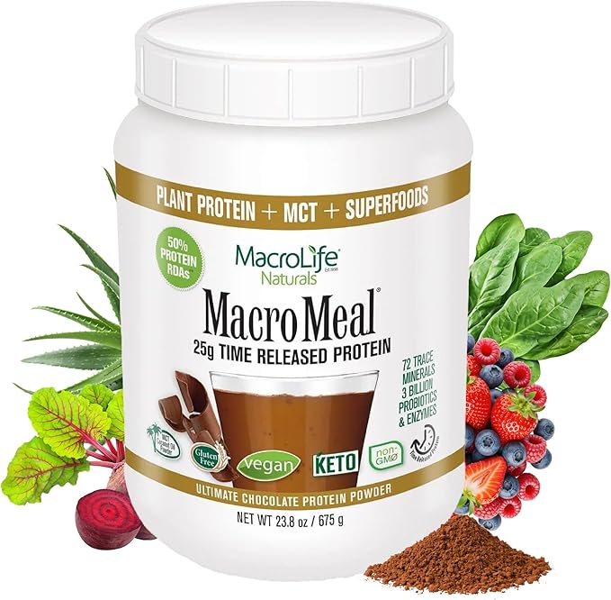 MacroLife Naturals MacroMeal Chocolate Vegan Protein Powder 25g + Superfood Greens 3 Billion Probiotics &amp Fiber for Lasting Energy - Plant Based Shake &amp Smoothie Mix Non-GMO Gluten-Free - 15