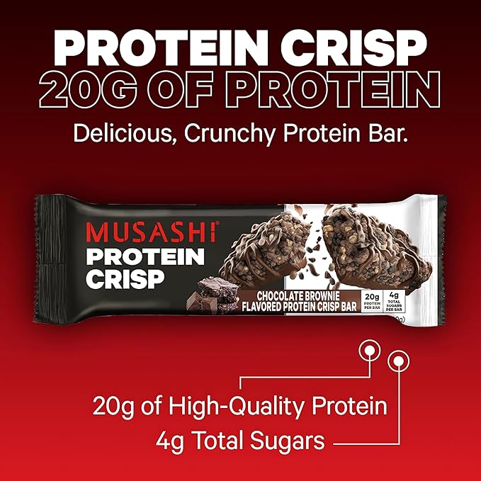 MUSASHI Protein Crisp Bar 20g Protein 4g Total Sugars Chocolate Brownie Post Workout and Snack On The Go 12 Pack of 2.1oz (60g) Bars