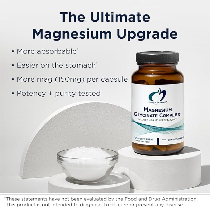 Designs for Health Magnesium Glycinate Complex - Chelated Magnesium Bisglycinate + High Absorption Magnesium for Calming &amp Sleep Heart Health Immune Support &amp Bone Strength - Vegan (60 Capsu