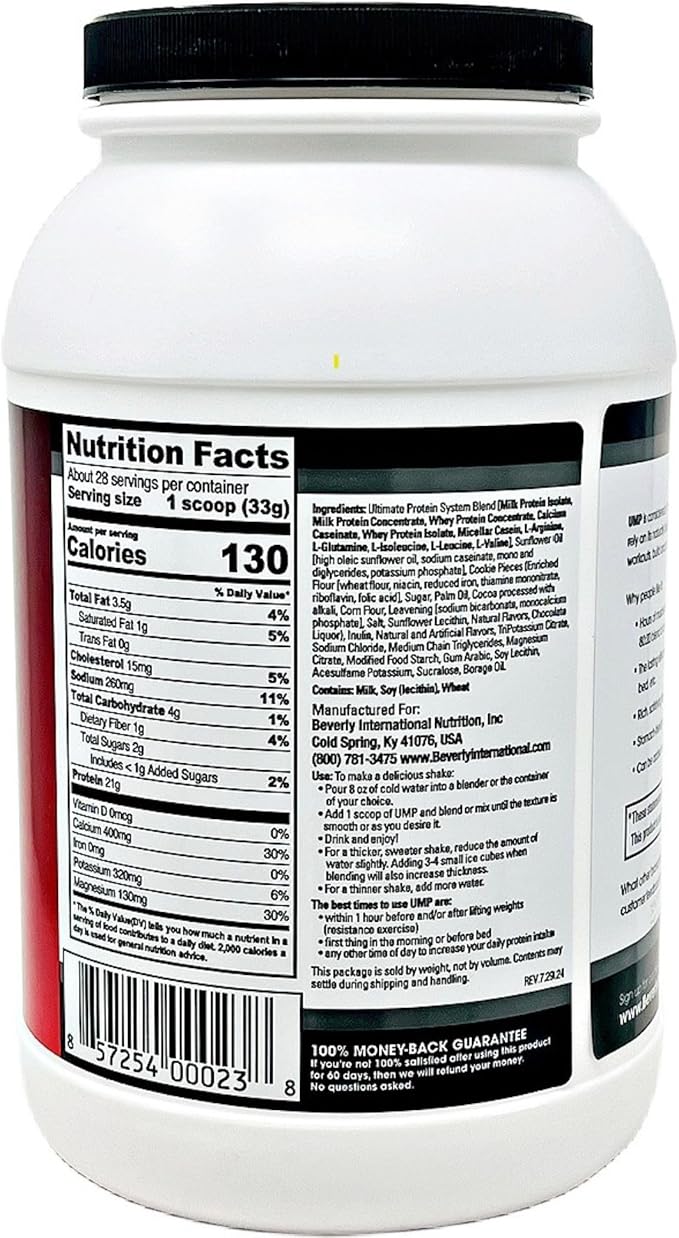 Beverly International UMP Protein Powder Cookies &amp Cream. Unique Whey-Casein Ratio Builds Lean Muscle. Easy to Digest. No Bloat. (32.8 oz) 2lb .8 oz
