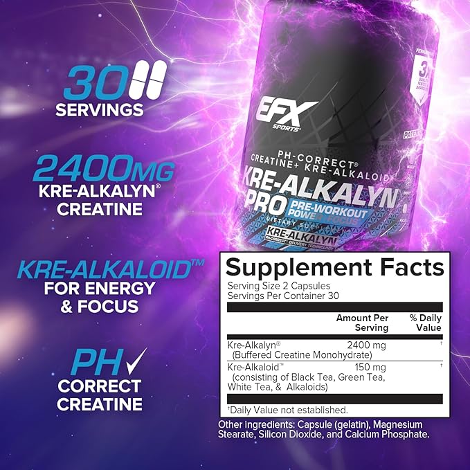EFX Sports Kre-Alkalyn Pro | pH Correct Creatine Monohydrate Pill Supplement | Muscle Building Pre Workout for Men &amp Women | 30 Servings 60 Capsules