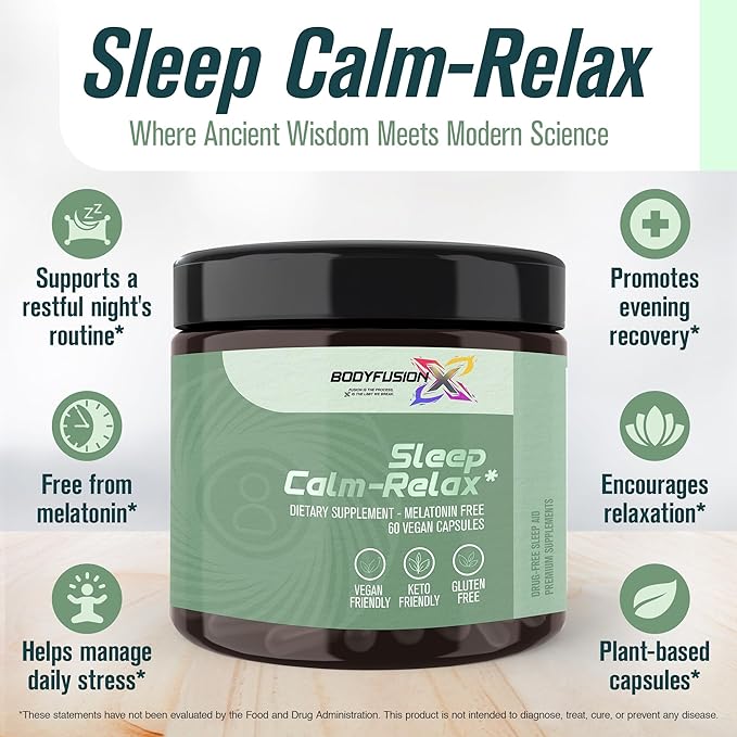 BodyFusionX Sleep Aid for Adults – Melatonin Free Nighttime Stress Support for Deep Rest &amp Next Day Energy – Ashwagandha KSM-66 L-Theanine &amp Lemon Balm – 60 Capsules