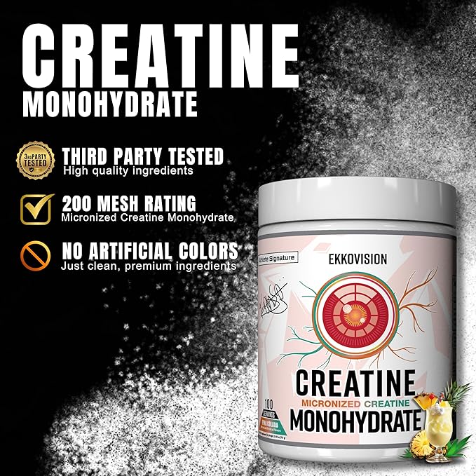 Ekkovision Creatine Monohydrate Powder Micronized Pina Colada Pre Workout &amp Post Workout Supplement for Men &amp Women Energy Support Easy to Mix in Shakes Smoothies &amp Beverages 100 Se