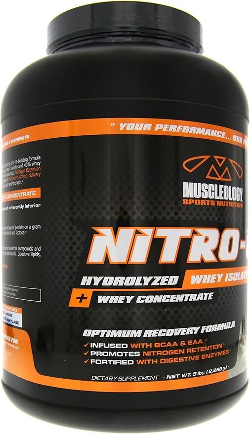Muscleology Nitro-Up Hydrolyzed Whey Isolate Protein Infused with BCAAs EAAs and Digestive Enzymes (Cookies &amp Cream 5 Pound)