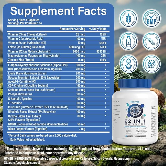 Brain Supplements for Memory and Focus Clarity &amp Cognitive Improvement 300mg Alpha GPC CDP-Choline DHA Lion’s Mane L-Theanine Vitamin &amp Phosphatidylserine for Men &amp Women 120 Capsu