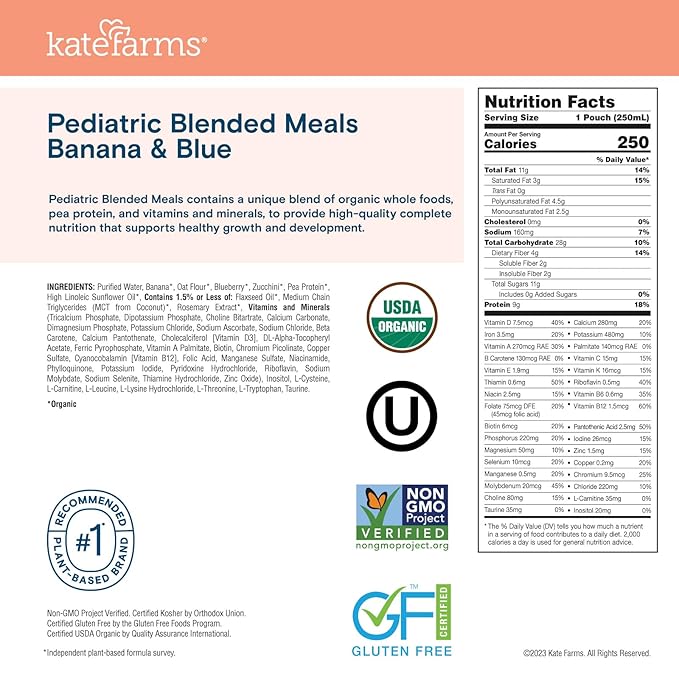 KATE FARMS Organic Pediatric Blended Meal Bananas and Blueberries 8g protein organic whole foods oral or tube feed nutrition Gluten Free Non-GMO 8.45 oz (12 Pack)