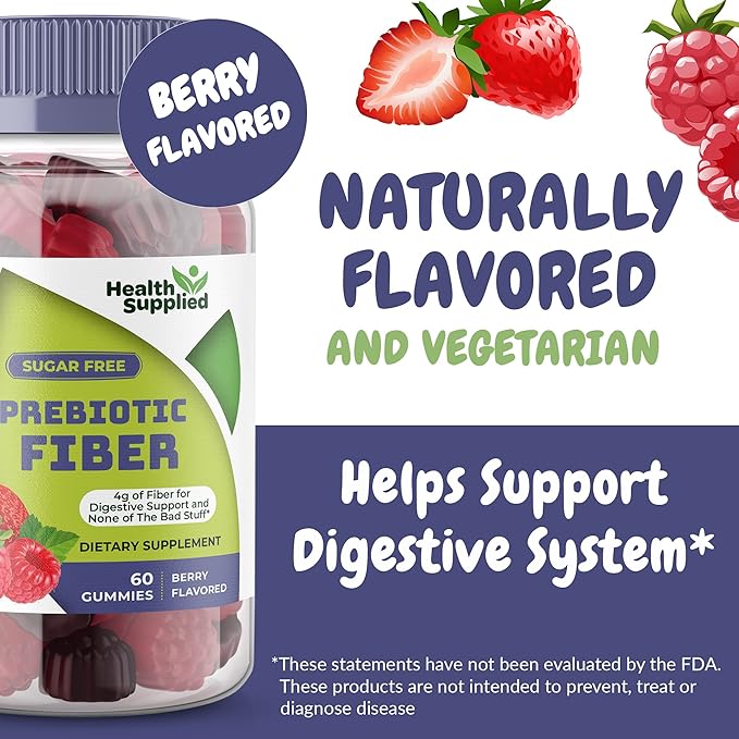 Health Supplied Mixed Berry Flavored Prebiotic Fiber Gummies - Supports Digestive System Gut Cleansing Constipation Relief - Assists with Weight Loss Plan - Great Tasting and Easy to Swallow