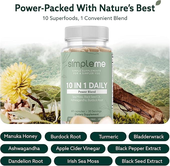 Burdock Root Organic and Bladderwrack 10 in 1 Immunity Booster Power Blend with Irish Sea Moss Ashwagandha and Black Seed Supplement for Men and Women Seamoss Pills Herbal Vegan - 60 Capsules