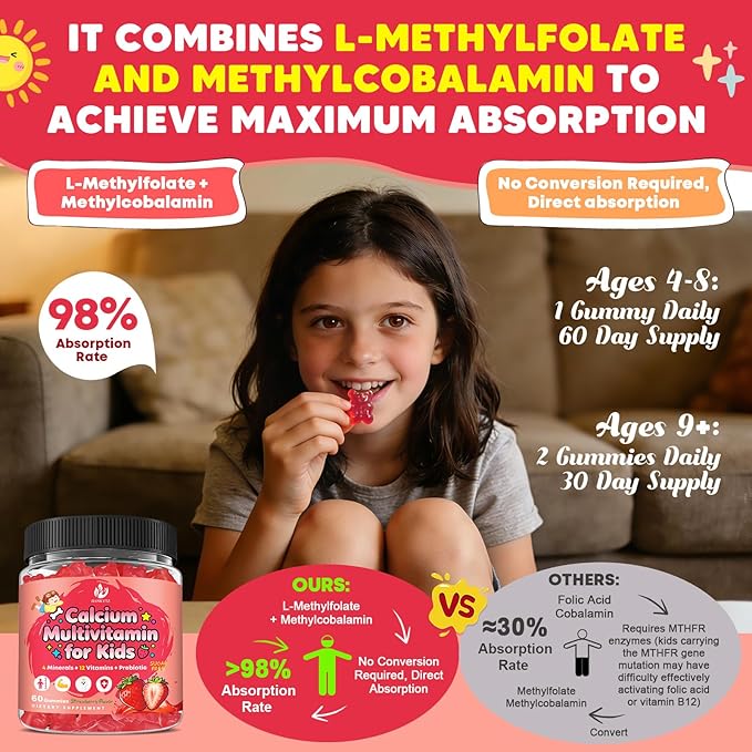 (2 Pack) Sugar Free Calcium Multivitamin Gummies for Kids with Methyl B12 &amp Methylfolate Calcium Vitamins C D A B1 B2 B6 Biotin Magnesium - Nutritional Immune Bone Support 120 Ct