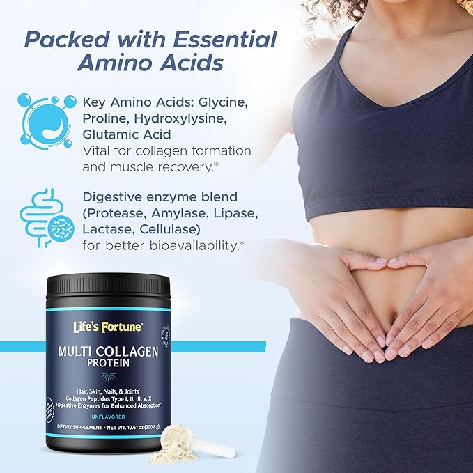 Life's Fortune Multi Collagen Peptides Powder Drink Plus for Women &amp Men - Type I II III V X Blend with Digestive Enzyme – for Skin Hair Nails Joints Health Unflavored 30 Servings