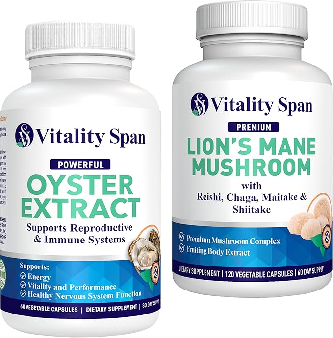 Oyster Extract Natural Zinc and Lions Mane Cognitive Support Mushroom Extract - Anti-Aging Bundle Made in USA