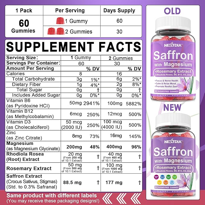 Saffron with Magnesium Glycinate Gummies 2 Months Supply -Sugar Free Magnesium 400/200mg w/SaffronRhodiolaRosemary B6B12D3 for S-leep CalmFocus Relax Nerve Melatonin Free Gummies