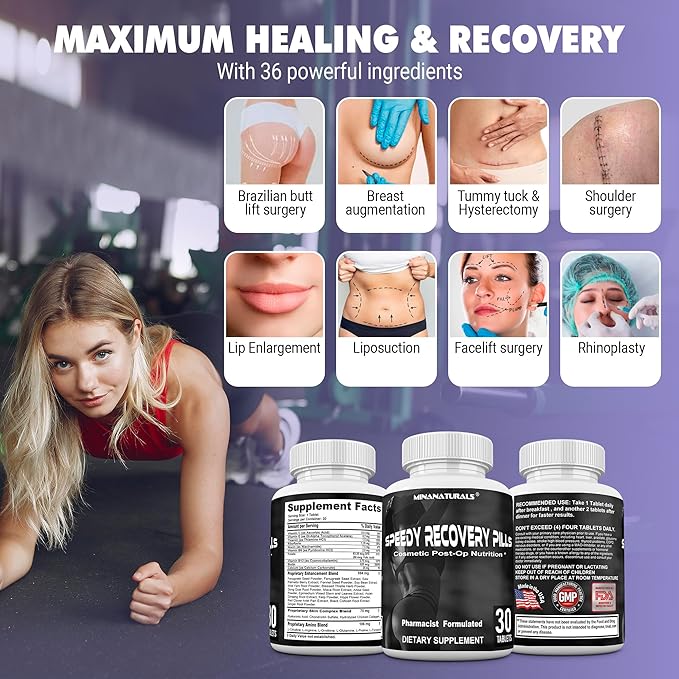 Speedy Recovery Pills Post-OP Recovery Supplement Scar Support Vitamins Promotes Collagen and Fast Wound Healing Specially Formulated for Post op Cosmetic Surgeries 30 Tablets