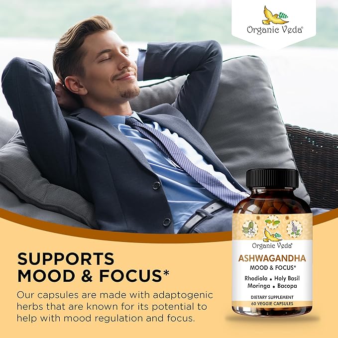 Organic Veda Ashwagandha Mood Support Supplement 1200mg with Organic Ashwagandha Root Bacopa Rhodiola Rosea Holy Basil Moringa Focus &amp Energy Support - 60 Vegan Capsules
