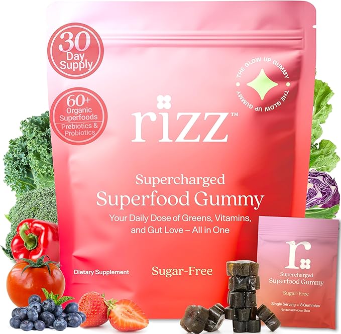 Rizz Sugar-Free Green Gummies - 60+ Superfoods 6g Fiber - Prebiotic and Probiotic Gummies - Vegan Multivitamins for Women &amp Men - Gluten Free - Mushroom Fruit and Vegetable Supplements -30 Day Su