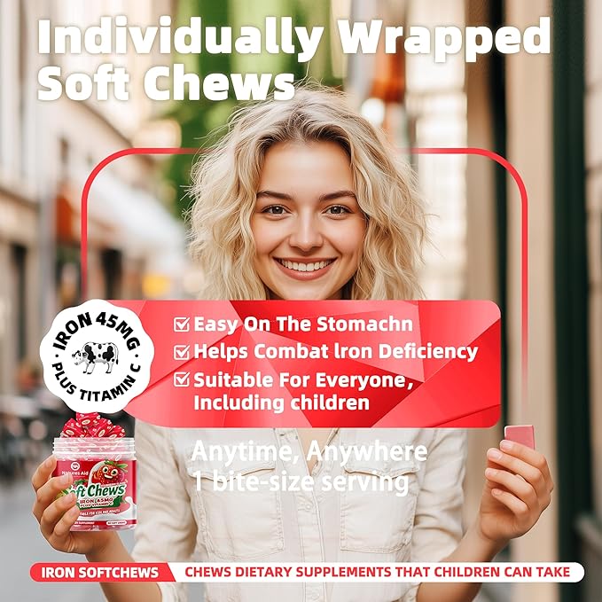 Chewable Iron Supplement for Women &amp Men and Kids - Strawberry Flavor Iron Vitamin C Soft Chew for Max Absorption Iron as Ferrous Fumarate Ideal for Iron Deficiency 2 Month Supply