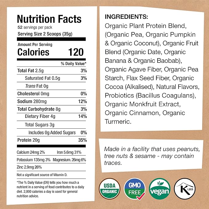 EarthChimp Organic Vegan Protein Powder - with Probiotics - Non GMO Dairy Free Non Whey Plant Based Protein Powder for Women and Men Gluten Free - 52 Servings 64 Oz (Vanilla) No Scoop