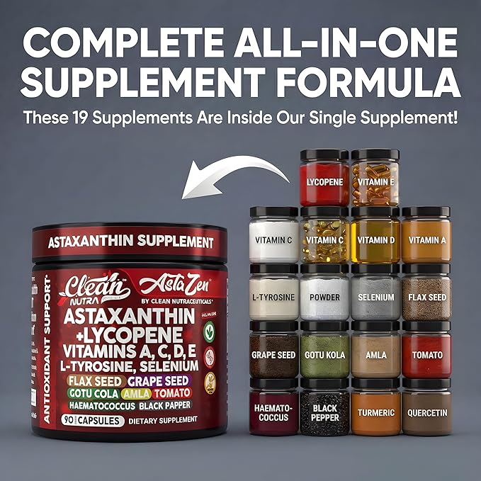 Clean Nutra Astaxanthin 12mg Lycopene Supplement with Vitamin A C D3 E L-Tyrosine Selenium Flax Grape Seed Gotu Kola Amla Black Pepper 90 Complex Veggie Capsules